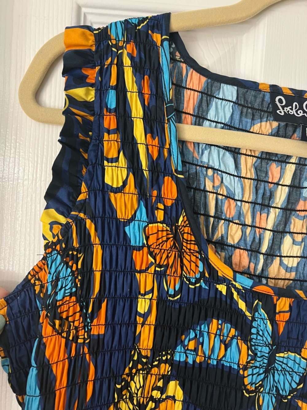Lesley Evers Nadia Monarch Butterfly Smocked Tiered Midi Dress Pockets - Picture 5 of 8